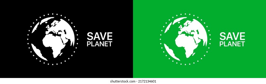 World line icon. Earth with save the planet text om black and green background. Green peace. Ecologicaly clean. Ecology concept. Vector line icon for Business and Advertising