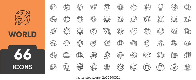 Conjunto De Ícones Da Linha Mundial. Conjunto de 66 ícones de estrutura de tópicos, incluindo globo, continentes, conexão global, viagens, navegação, ambiente e unidade. Traçado editável. Ilustração de vetor linear.