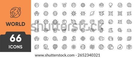 World Line Icon Set. Set of 66 outline icons including globe, continents, global connection, travel, navigation, environment, and unity. Editable stroke. Linear vector illustration.