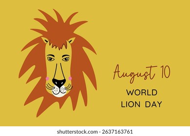 World Lion Day. Banner with animal head. Planet conservation, ecological life concept. Minimalistic vector illustration for poster, card, banner. 