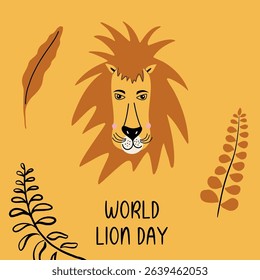 World Lion Day. Banner with animal head and tropical leaves. Planet conservation, ecological life concept. Hand drawn vector illustration for poster, card, banner.
