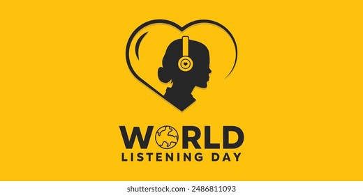 World Listening Day. Heart, women and earphones. perfect for cards, banners, posters, social media and more. Yellow background.