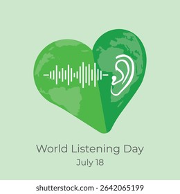 World Listening Day vector, illustration. July 18. Green heart with world map inside, sound wave and ear design.