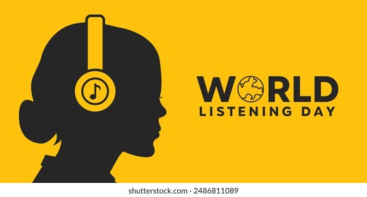 World Listening Day. Women and earphones. perfect for cards, banners, posters, social media and more. Yellow background.