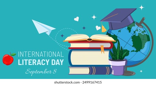 World Literacy Day Banner Concept. World Book Day Festival, Book Sale, or Back to School Vector Illustration with stacked books.