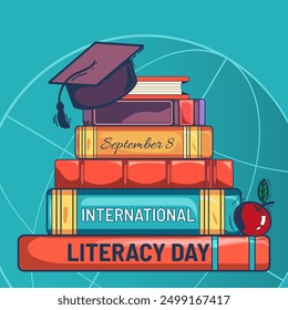 World Literacy Day Banner Concept. World Book Day Festival, Book Sale, or Back to School Vector Illustration with stacked books.