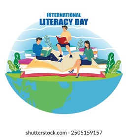 World Literacy Day. People celebrate Literacy Day by reading books. Flat vector modern illustration 