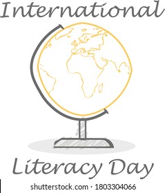 world literacy day text on cartoon earth poster with copy space for your text. vector illustration.