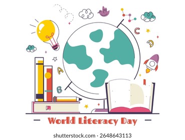 World Literacy Day Vector Illustration on 8th September Featuring Books, Educational Tools, and Learning for an Educational Holiday in a Background