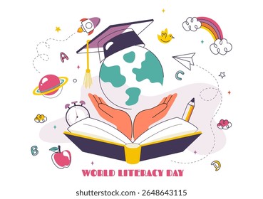 World Literacy Day Vector Illustration on 8th September Featuring Books, Educational Tools, and Learning for an Educational Holiday in a Background