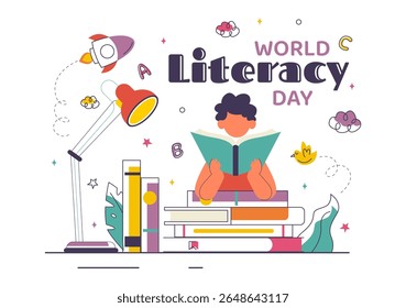 World Literacy Day Vector Illustration on 8th September Featuring Books, Educational Tools, and Learning for an Educational Holiday in a Background