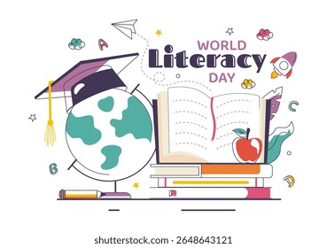 World Literacy Day Vector Illustration on 8th September Featuring Books, Educational Tools, and Learning for an Educational Holiday in a Background