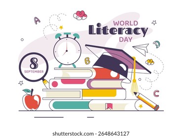Ilustração vetorial do Dia Mundial da Alfabetização em 8 de setembro Apresentando livros, ferramentas educacionais e aprendizado para um feriado educacional ao fundo