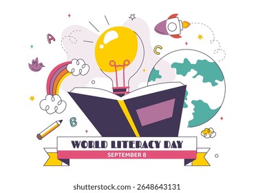 Ilustração vetorial do Dia Mundial da Alfabetização em 8 de setembro Apresentando livros, ferramentas educacionais e aprendizado para um feriado educacional ao fundo