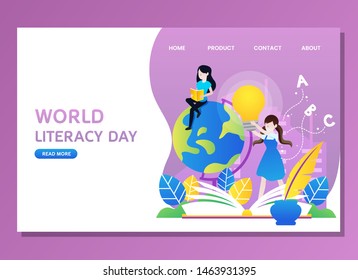 World literacy day with woman reading and holding bulb