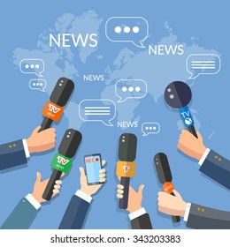 World live news report press concept hands of journalists with microphones and smartphone recording 