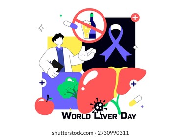 Ilustración vectorial del Día Mundial del Hígado el 19 de abril para aumentar la conciencia mundial sobre la hepatitis y la vida saludable en el diseño de fondo de dibujos animados planos