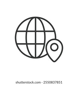 Ubicación mundial, icono en diseño de línea. Mundo, ubicación, mapa, globo, coordenadas, GPS, lugar en el Vector de fondo blanco. Icono de trazo editable de ubicación mundial