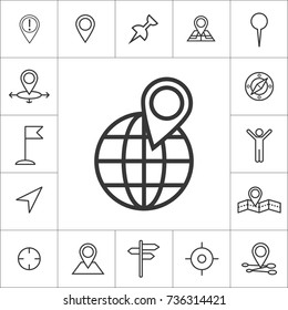 world location. Navigation system. Set of icons for map and online route