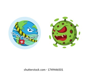 World in Lockdown Quarantine Protection From Virus, Planet Earth wear Mask Versus Corona Virus Bacterium. Symbol concept in cartoon illustration vector on white background