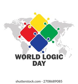 World Logic Day Global Connection: Um gráfico icônico com quatro peças de quebra-cabeça de cores primárias entrelaçadas em um mapa de mundo silenciado, simbolizando o raciocínio universal e a resolução de problemas