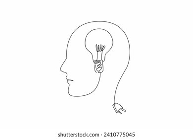 World Logic Day. Single one line drawing of human head made of wire cable with bulb lamp inside. Creative idea conceptual. New invention that com from critical thinking. Continuous line draw design