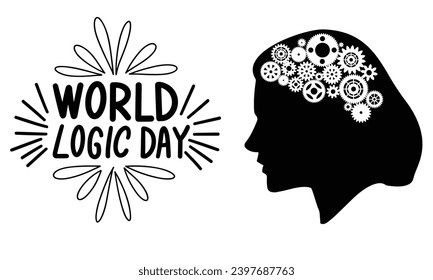 World Logic Day text banner. Handwriting text and woman head with wheels mechanism inside. Hand drawn vector art.