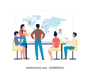 World logistic company, delivery service team or management of global corporate business. Business people at desk and map thinking, vector scene