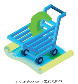 World Logistic Icon Isometric Vector. Down Arrow In Shopping Cart On World Map. Worldwide Delivery, Ecommerce, Business