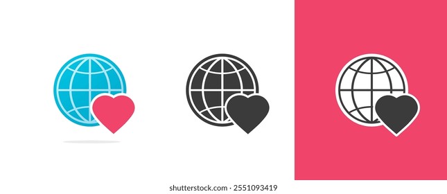 Icono de corazón de amor mundial, planeta tierra sana símbolo de Vector de paz conjunto de ilustración, cuidado internacional global Asistencia pictograma logo gráfico línea trazo arte, globo rojo azul comunidad Imagen