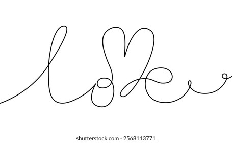 World love one continuous line drawing. Minimalist romantic linear lettering with heart shape for valentines day card design. Vector illustration.