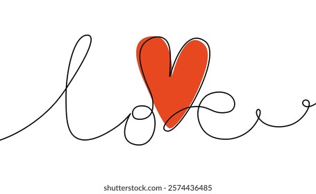 World love one continuous line drawing. Minimalist romantic linear lettering with red heart shape for valentines day card design. Vector illustration.