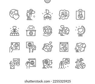 World love. Pray for earth. Go green. Volunteer, charity and donation. Pixel Perfect Vector Thin Line Icons. Simple Minimal Pictogram