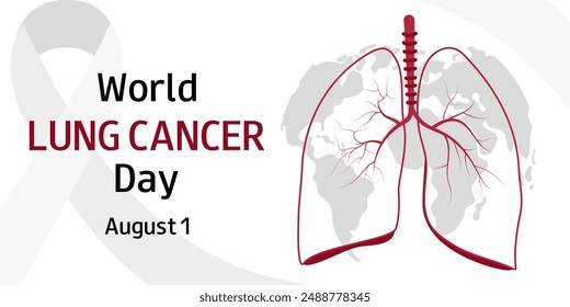 World Lung Cancer Day. August 1. Silhouette of human lungs, world maps and ribbon. Medical banner, poster, presentation, social media template.