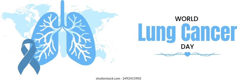 World Lung Cancer Day August 1 banner with white background cancer awareness ribbon vector. human cancer lungs and world map vector.