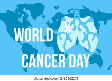 World lung cancer day banner design in trendy Flat style. Minimalism medical poster with simple hand drawn Lung and World map silhouette. Blue monochrome vector illustration. EPS 10