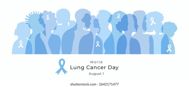 World Lung Cancer Day banner template with diversity people silhouette. Minimalist design flat style illustration background. Blue awareness ribbon for August 1 background