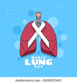World Lung Cancer Day to celebrate on August 1st. Illustration of a healthy lung with white ribbon awareness on sky blue background. Health event banner.