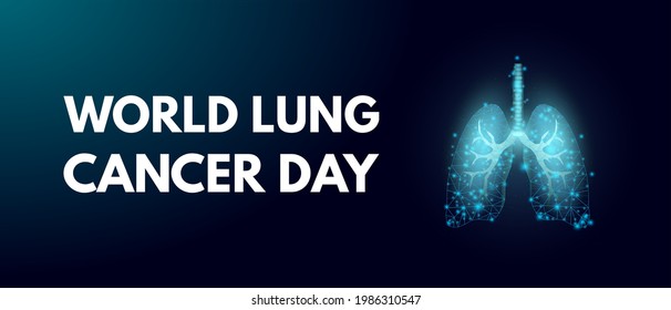 World Lung Cancer Day concept. Banner template with glowing low poly lungs. Futuristic modern abstract. Isolated on dark background. Vector illustration.