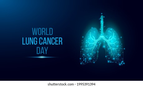 World Lung Cancer Day concept. Banner template with glowing low poly lungs. Futuristic modern abstract. Isolated on dark background. Vector illustration.