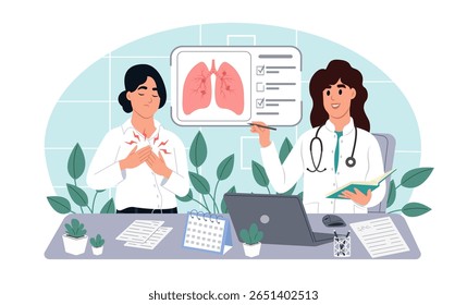 Dia Mundial do Câncer do Pulmão. Um médico fornece uma consulta médica a uma paciente do sexo feminino, aumentando a conscientização sobre a prevenção do câncer de pulmão e o diagnóstico precoce. Ilustração vetorial em estilo plano