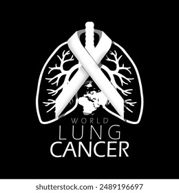 World Lung Cancer Day event health banner. A white campaign ribbon with lung and earth on black background to commemorate on August 1st