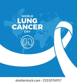 Afiche del Día Mundial del Cáncer de Pulmón con vector de la cinta de sensibilización sobre el cáncer de piel blanca. Cinta blanca, pulmones humanos y un vector de icono mundial sobre un fondo azul. 1 de agosto cada año. Día importante