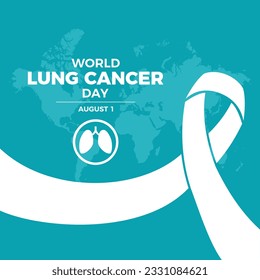 World Lung Cancer Day poster with white cancer awareness ribbon vector. White ribbon, human lungs and world map icon vector on a blue-green background. August 1 every year. Important day