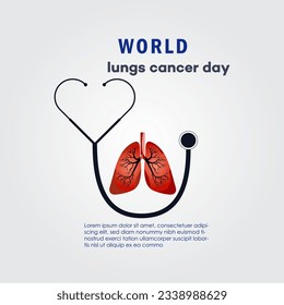 World Lung Cancer Day Poster with white cancer awareness ribbon vector. White awareness ribbon, human lungs and world silhouette icon vector. August 1. Important day