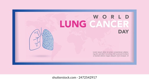 World Lung Cancer Day Poster with white cancer awareness ribbon vector. White awareness ribbon, human lungs and world map silhouette icon vector. August 1. Important day