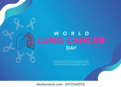 World Lung Cancer Day Poster with white cancer awareness ribbon vector. White awareness ribbon, human lungs and world map silhouette icon vector. August 1. Important day