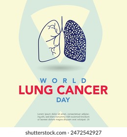 World Lung Cancer Day Poster with white cancer awareness ribbon vector. White awareness ribbon, human lungs and world map silhouette icon vector. August 1. Important day