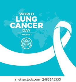 Afiche del Día Mundial del Cáncer de Pulmón con Ilustración vectorial de cinta blanca de concienciación sobre el cáncer. Cinta de conciencia blanca y pulmones humanos icono Vector. El 1 de agosto de cada año. Día importante