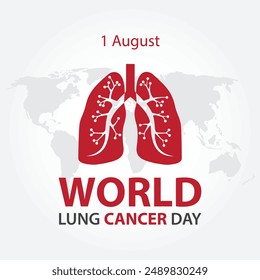 Afiche del Día Mundial del Cáncer de Pulmón con conciencia roja del cáncer de pulmón. Pulmones humanos e icono de silueta de mapamundi. 1 de agosto. Día importante